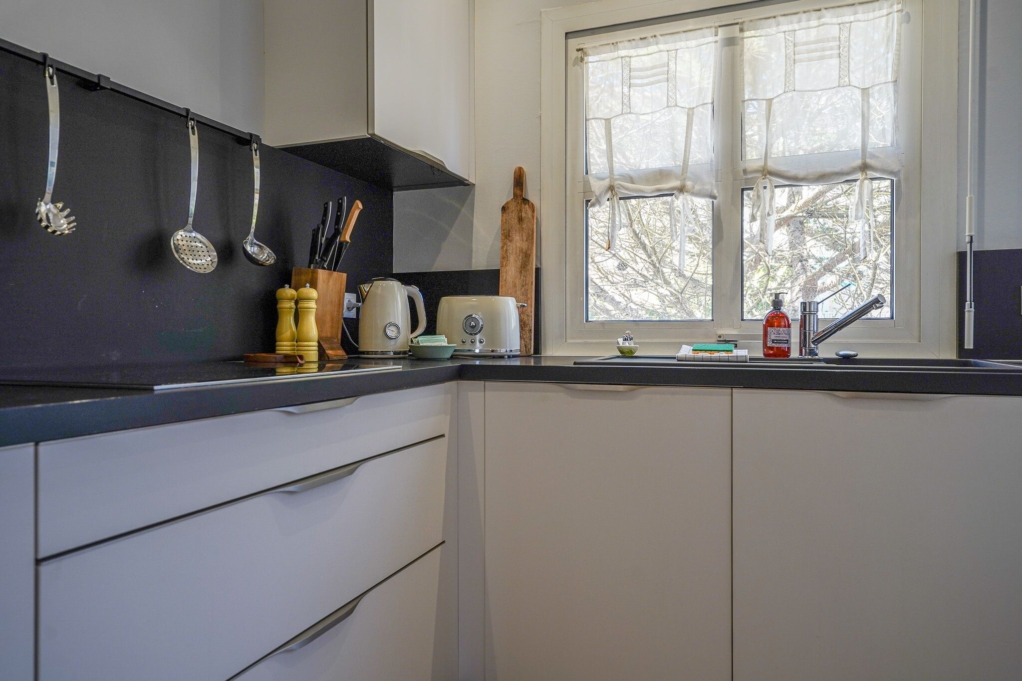 Coffee/tea maker, fridge, microwave, oven