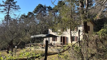 Una casa rustica con tetto spiovente, circondata da alberi fitti e un giardino recintato.