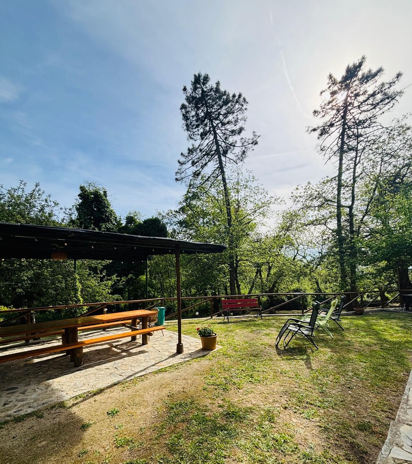 Un'area picnic riparata con panchine, un tavolo da picnic e un prato verde circondato da alberi.
