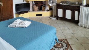A room with a bed, a TV, a fan, a kitchen area, and a bathroom. - Studio Apartment - Corner 28 (Bolsena)