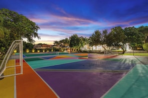 A basketball court with a net, surrounded by trees and buildings. - Villa Platinum by Glam Homes (Davie)