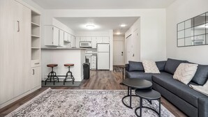Un appartement moderne doté d’une cuisine, d’un canapé gris et d’un tapis à motifs.
