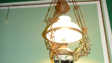 Een hanglamp met een glazen kap en een gloeilamp, bevestigd aan een groene muur met een houten plafond.
