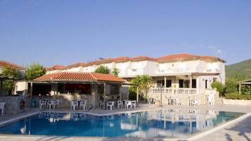 Outdoor pool, open 10:00 AM to 8:00 PM, pool umbrellas, pool loungers