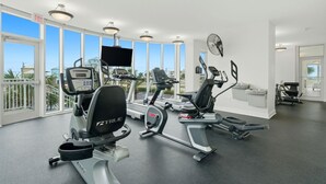A gym with cardio machines, a TV, and large windows. - Mustique 2001 (Gulf Shores)