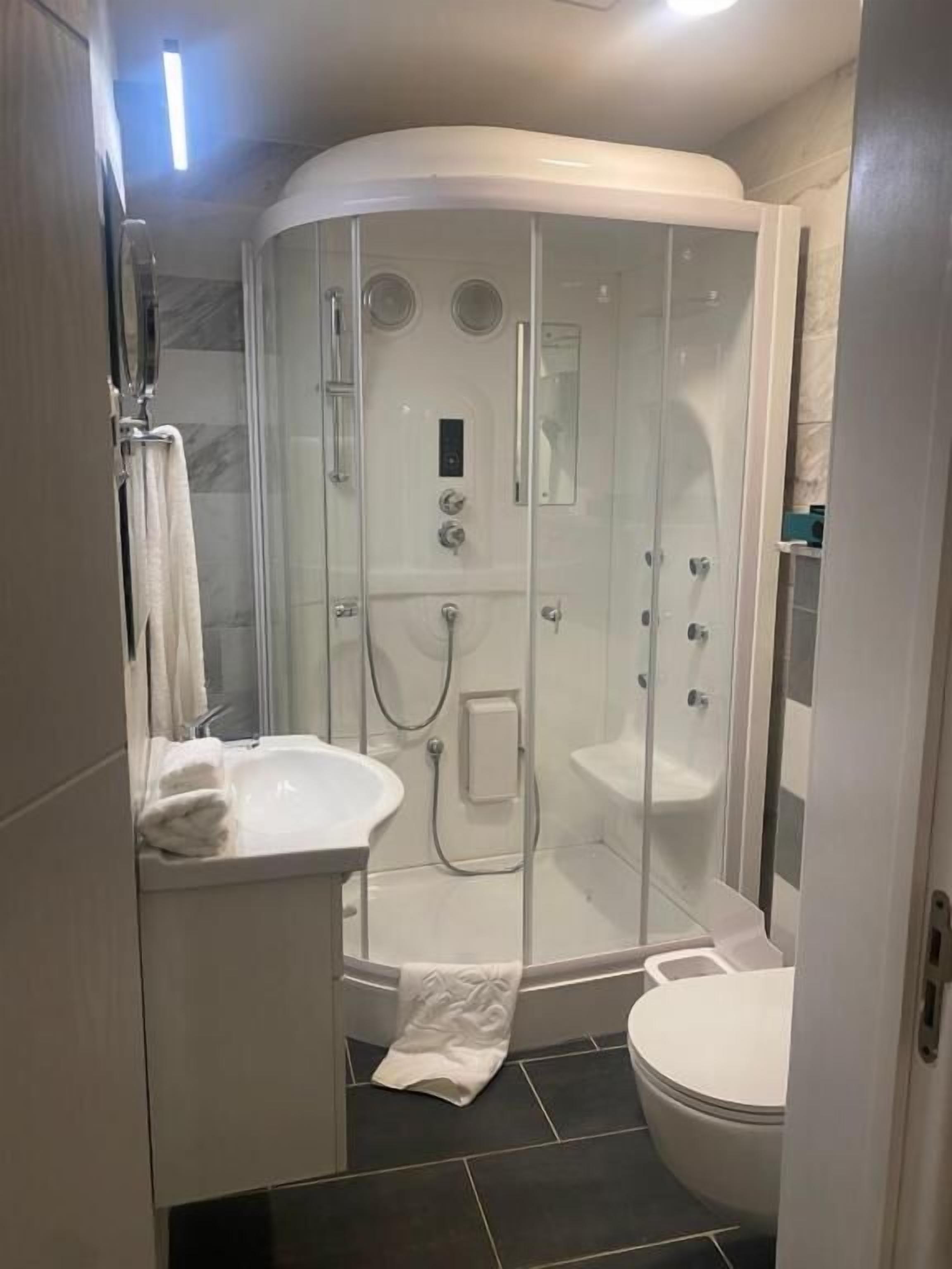 A modern bathroom with a glass-enclosed shower, a sink, and a toilet.