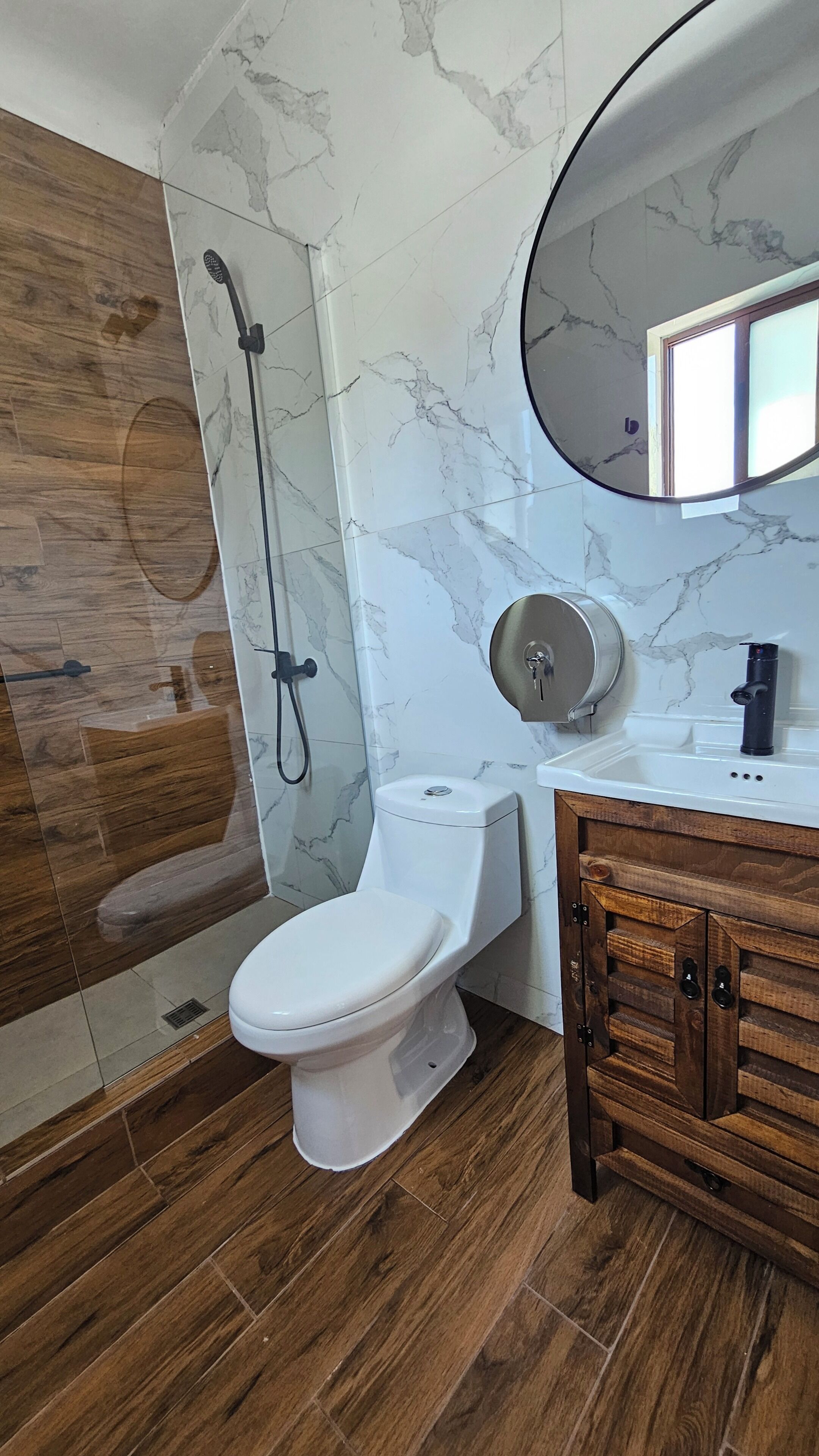 Hair dryer, towels, soap, toilet paper
