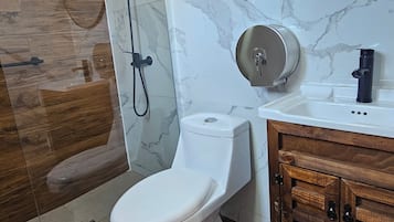 Hair dryer, towels, soap, toilet paper