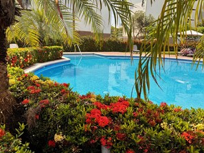 A swimming pool surrounded by lush greenery and various plants. - Beachfront Top Floor + Balcony | Teak Design (Bejuco)
