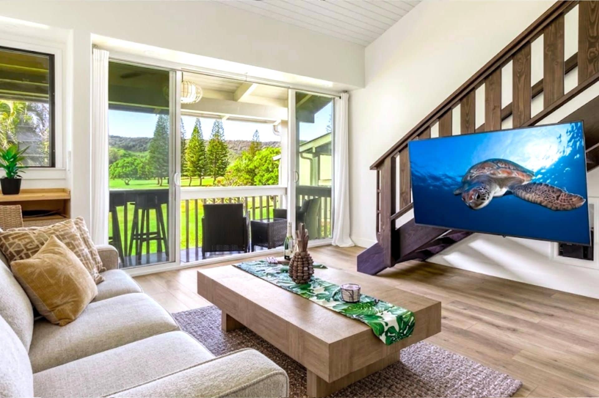 A living room with a sofa, coffee table, and a television displaying a sea turtle.