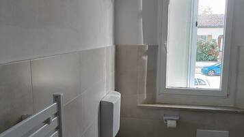 Shower, hair dryer, bidet, towels