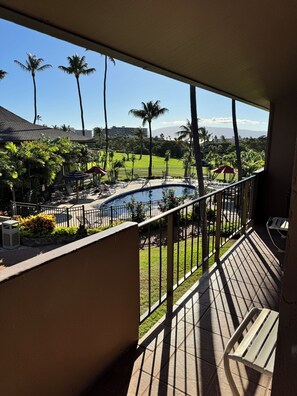 Ein Balkon mit Blick auf einen Swimmingpool, Palmen und eine Rasenfläche.