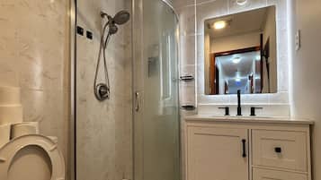 Shower, hair dryer, bidet, towels