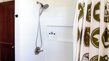 Shower, towels, soap, shampoo