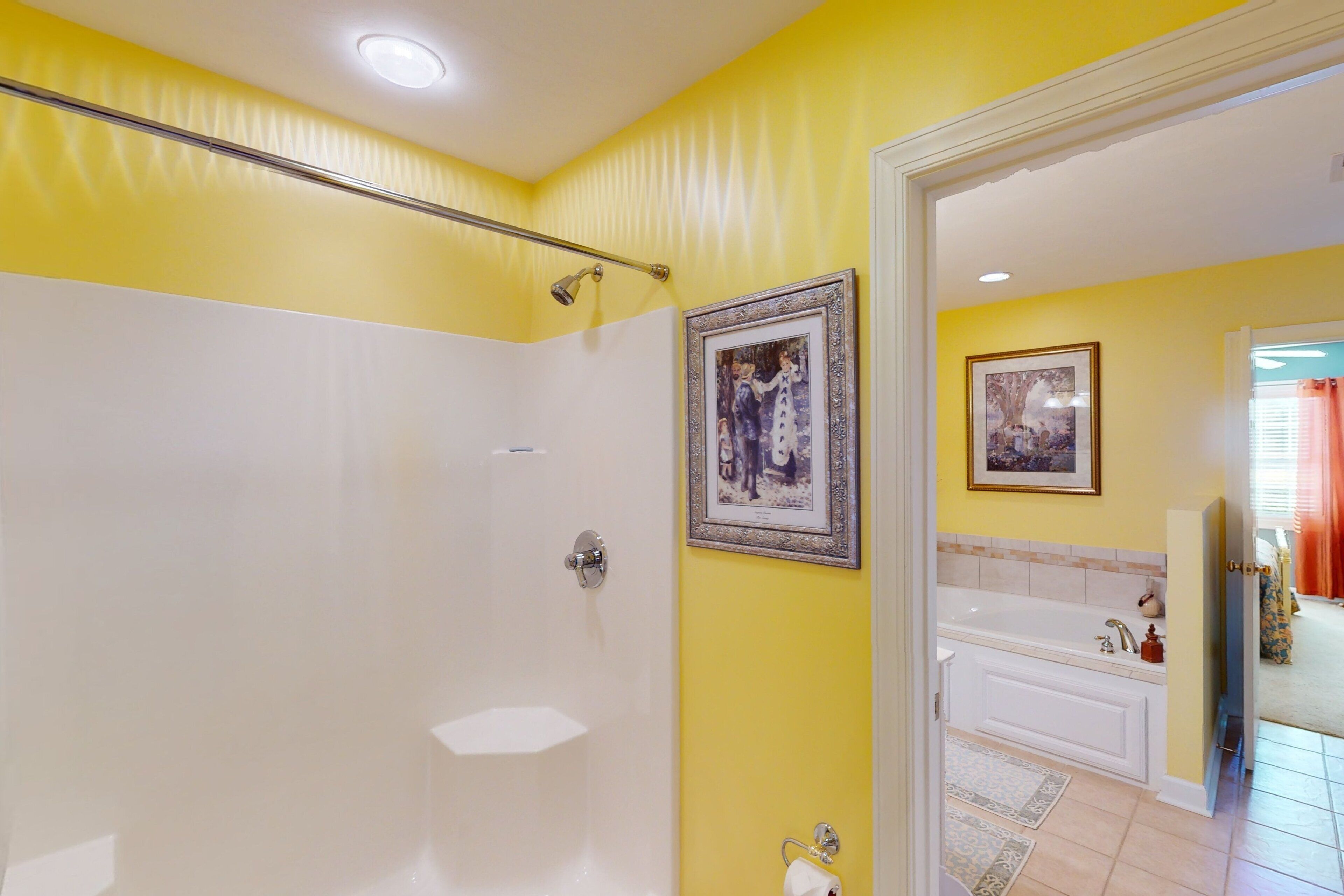 Une salle de bain avec une douche, une baignoire et deux tableaux encadrés au mur.