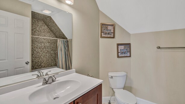 A bathroom with a white sink, a toilet, and a shower area. - Osprey Cove - Custom Lakefront Home With 2-story Dock, Wifi, Game Room and Fireplace (Moneta)