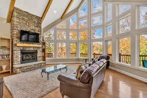 House, Multiple Beds, Hot Tub (Osprey Cove) | Living area - Osprey Cove - Custom Lakefront Home With 2-story Dock, Wifi, Game Room and Fireplace (Moneta)