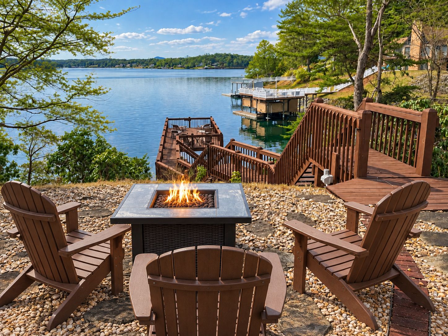 A deck with Adirondack chairs and a fire pit overlooking a lake.