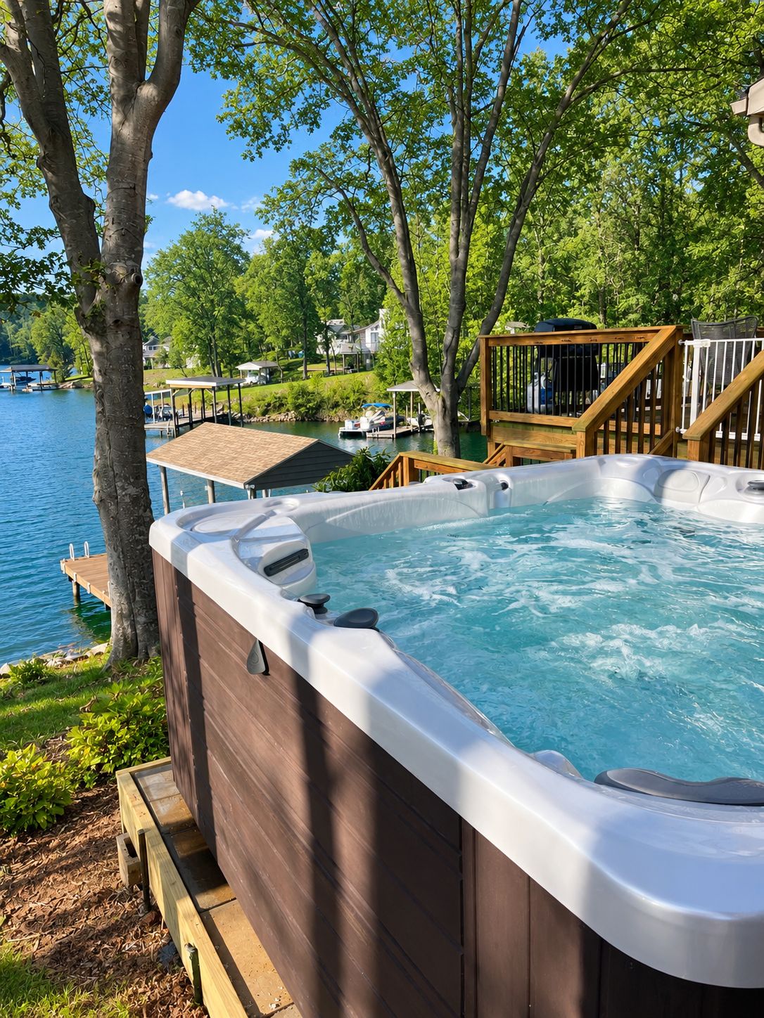 A hot tub with a wooden deck and a view of a lake.