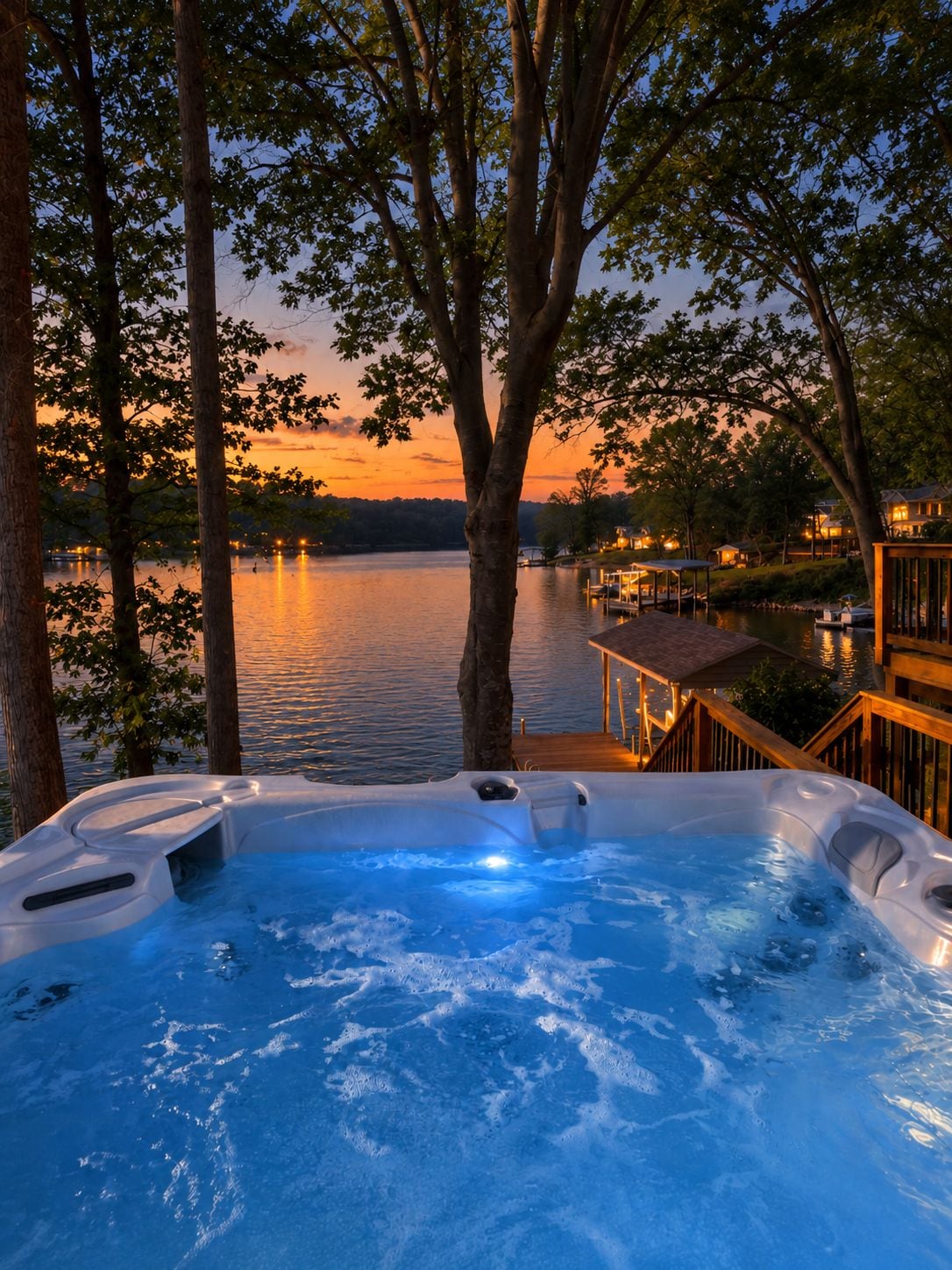 A hot tub with a wooden deck and railing, surrounded by trees and overlooking a body of water during sunset.