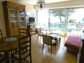 Ein Zimmer mit Esstisch, Stühlen, einer Vitrine und einem Fernseher, sowie einem großen Fenster mit Blick ins Freie.