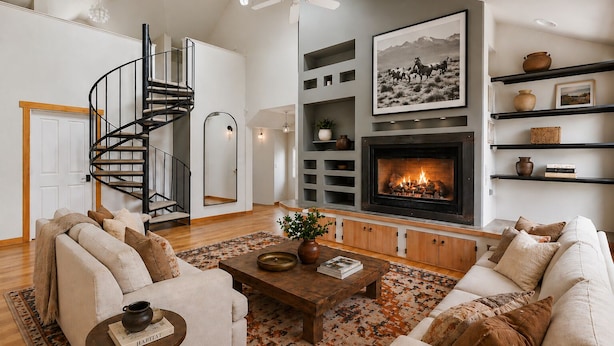 A modern living room with a fireplace, a spiral staircase, and a large framed picture on the wall. - Sky Loft: Steps to skiing w/ hot tub! (Telluride)