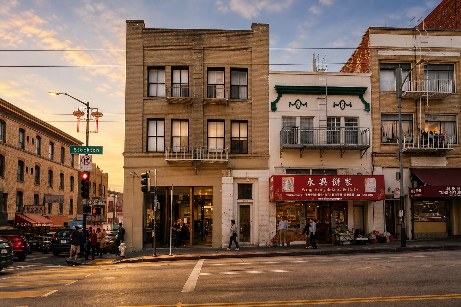 A street view with a building featuring a bakery and cafe, a street sign for Stockton, and a traffic light.