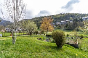Un paysage rural avec une zone herbeuse, un petit arbre et une vue lointaine de maisons situées sur une colline.