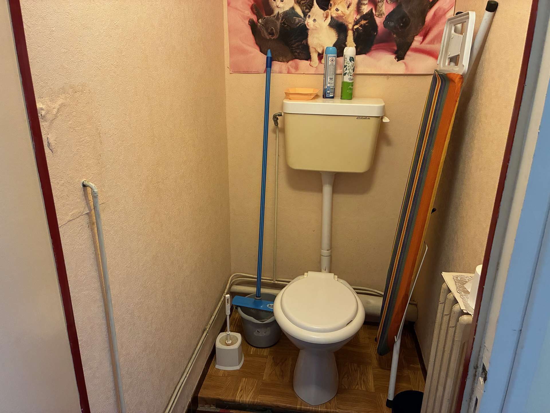 A small bathroom with a toilet, a mop, a broom, and a trash bin.
