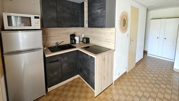 A compact kitchen with a microwave, coffee maker, and toaster on the counter, a refrigerator, and a door with a decorative mirror. - CAP D'AGDE - Plage du Môle / Réf 230 (CAP D'AGDE)