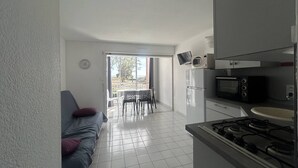Een compacte leefruimte met een kitchenette, een eethoek met tafel en stoelen, en een bank met kussen.