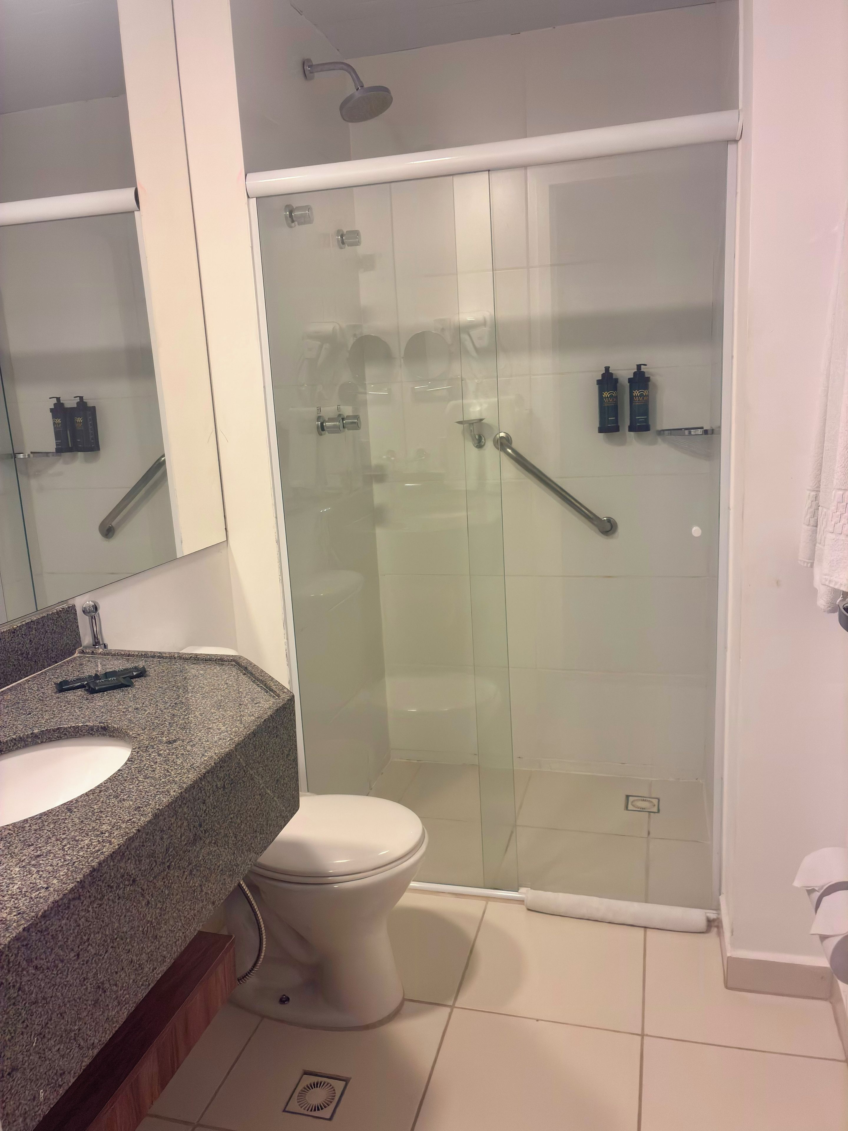A bathroom with a granite countertop, a white toilet, a glass-enclosed shower, and a mirror.