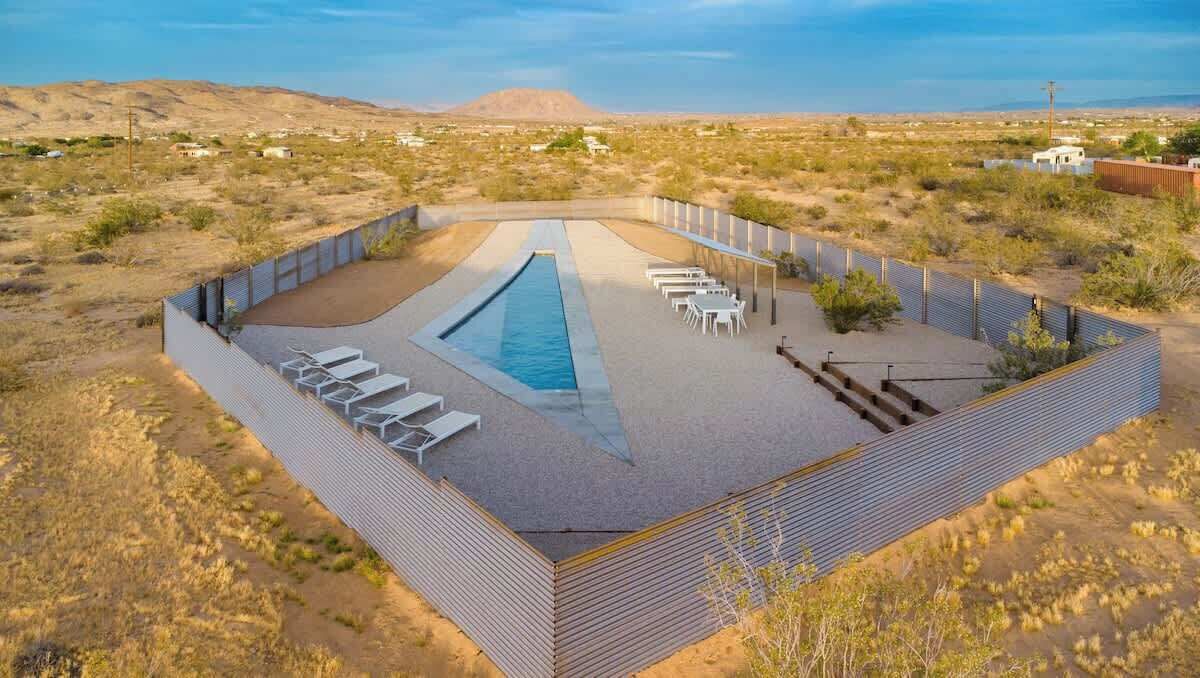 Aerial view of the fenced pool