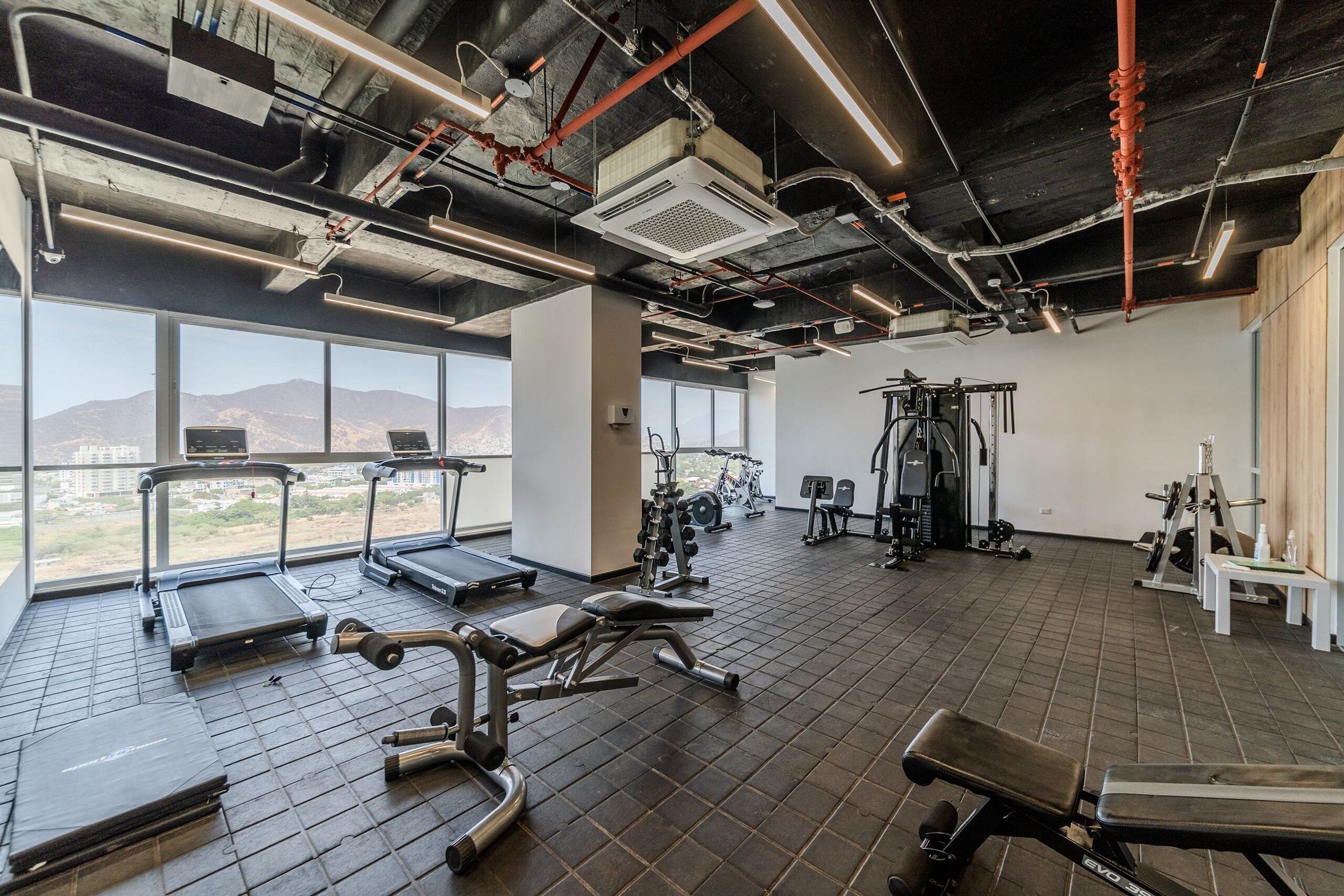Une salle de sport équipée de tapis de course, d’appareils de musculation et offrant une vue sur les montagnes grâce à de grandes fenêtres.