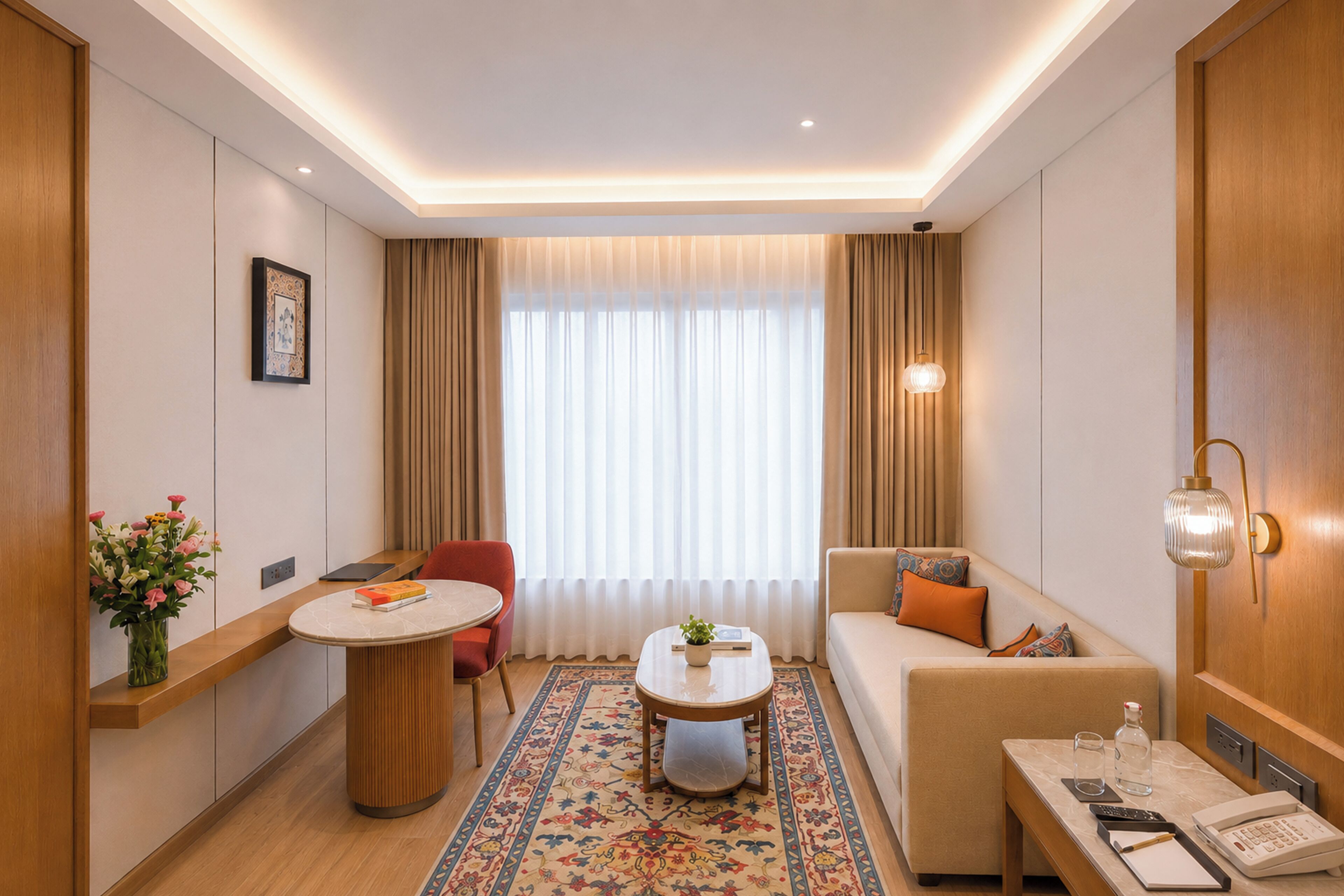 Ein modernes Hotelzimmer mit Sofa, rundem Couchtisch, kleinem Esstisch und großem Fenster mit Vorhängen.