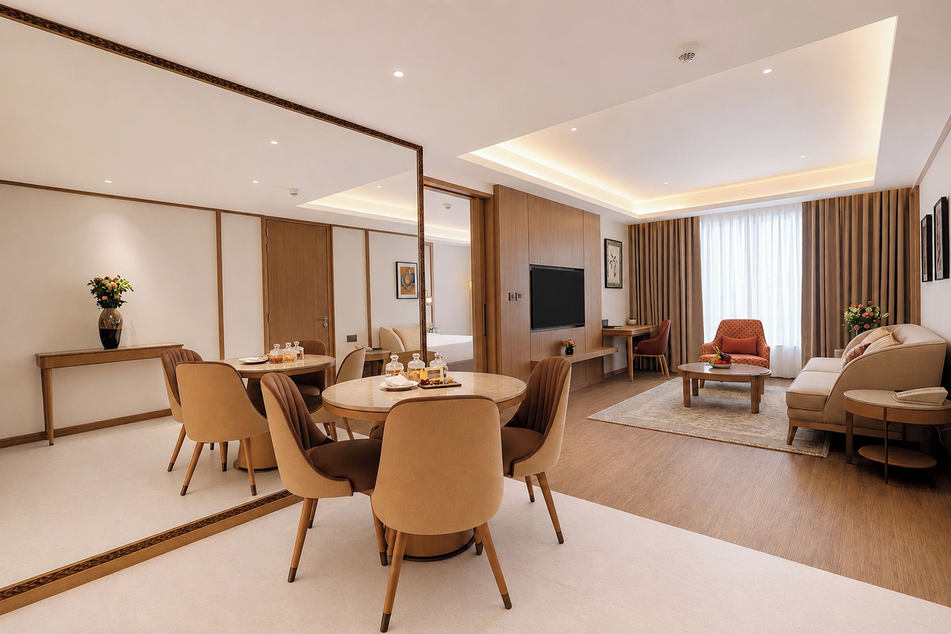 Ein modernes Hotelzimmer mit Essbereich, Wohnbereich mit Sofa und Sesseln, Flachbildfernseher und großem Spiegel.