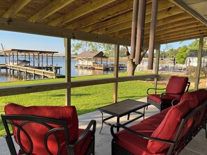 Terrace/patio - Big spacious home, 6 kayaks, firepit, fishing, boat space, next to Goat Island. (Trinity)
