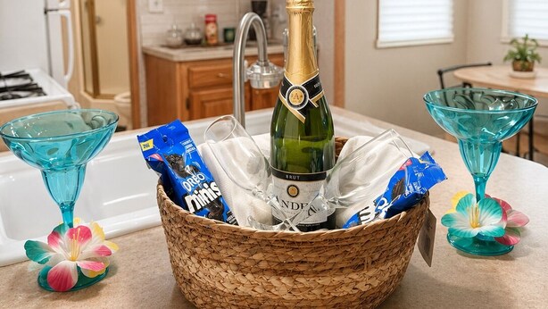 Een keuken met houten kastjes, een aanrecht met een fles champagne, een geweven mand en twee blauwe glazen martini's.