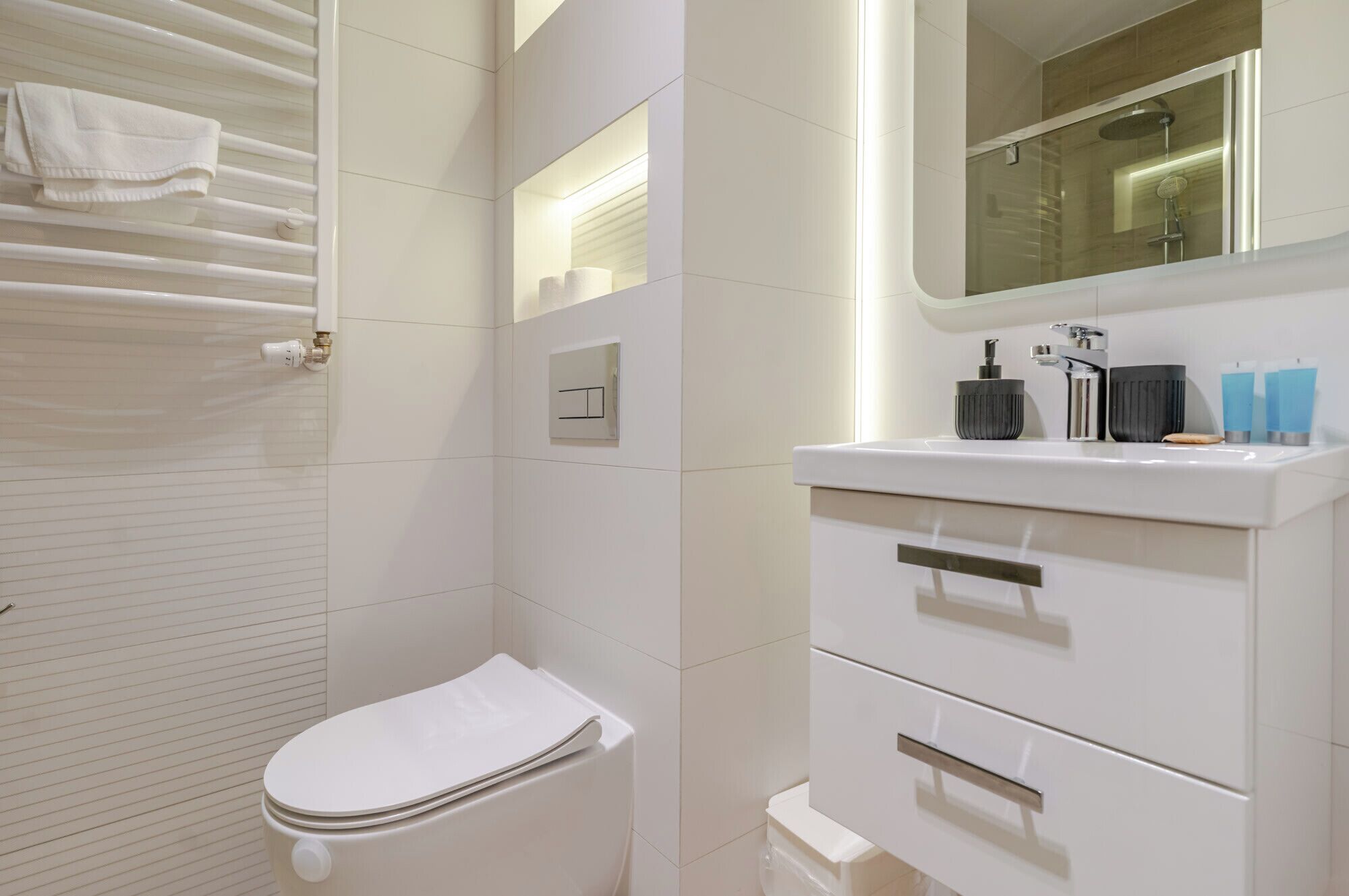 Shower, hair dryer, towels