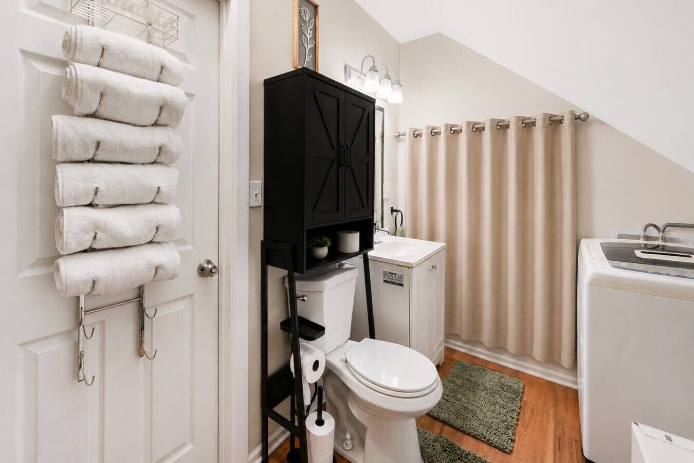 Hair dryer, towels, soap, shampoo