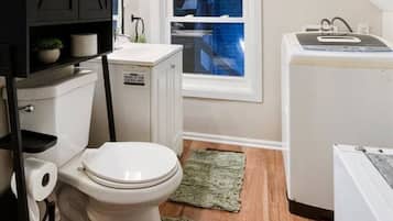 Hair dryer, towels, soap, shampoo