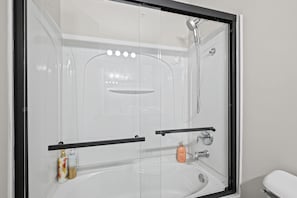 Hair dryer, towels, soap, toilet paper