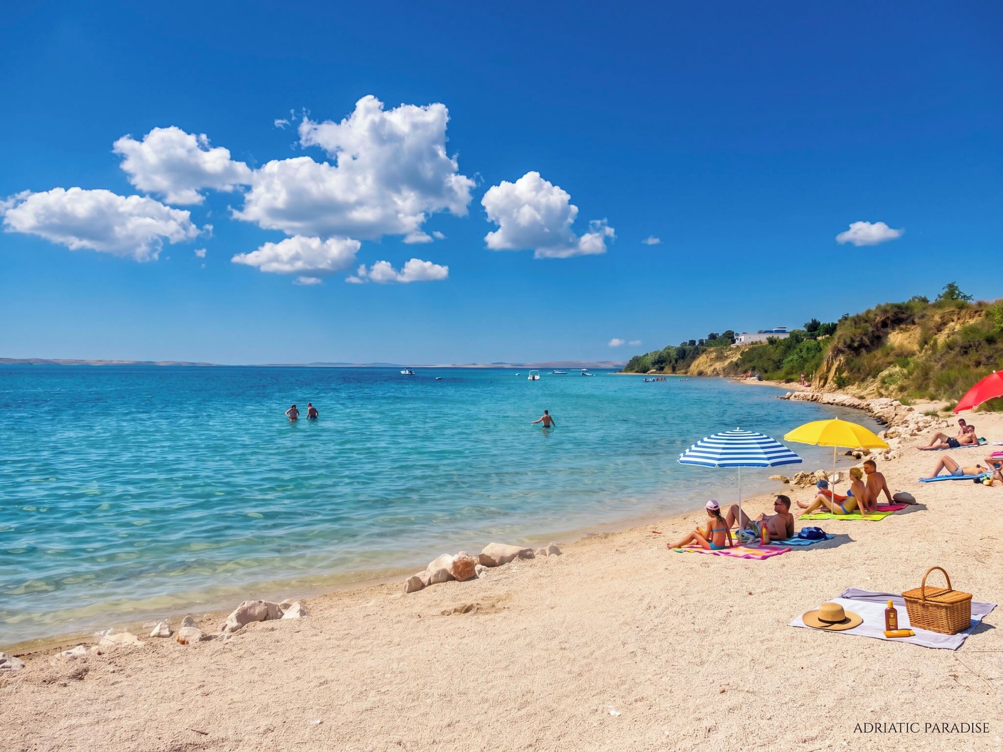 A beach with clear blue water, people swimming, and beachgoers relaxing under umbrellas.
