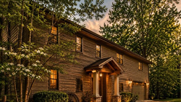 A two-story wooden house with a front porch, stone steps, and a gravel driveway.