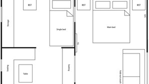 A floor plan with a single bed, a main bed, a TV, a seating area, a table, and a storage space. - Summer – vintage retro caravan, sleeps 5 | Rye, Mornington Peninsula (Rye)