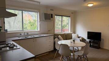 Fridge, microwave, toaster, cookware/dishes/utensils