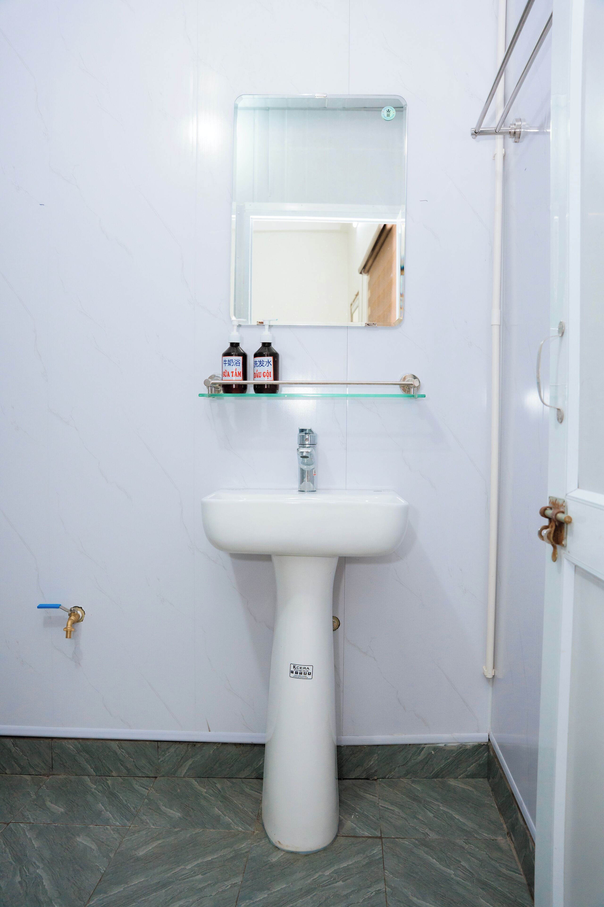 A bathroom with a white pedestal sink, a glass shelf with toiletries, and a mirror above.