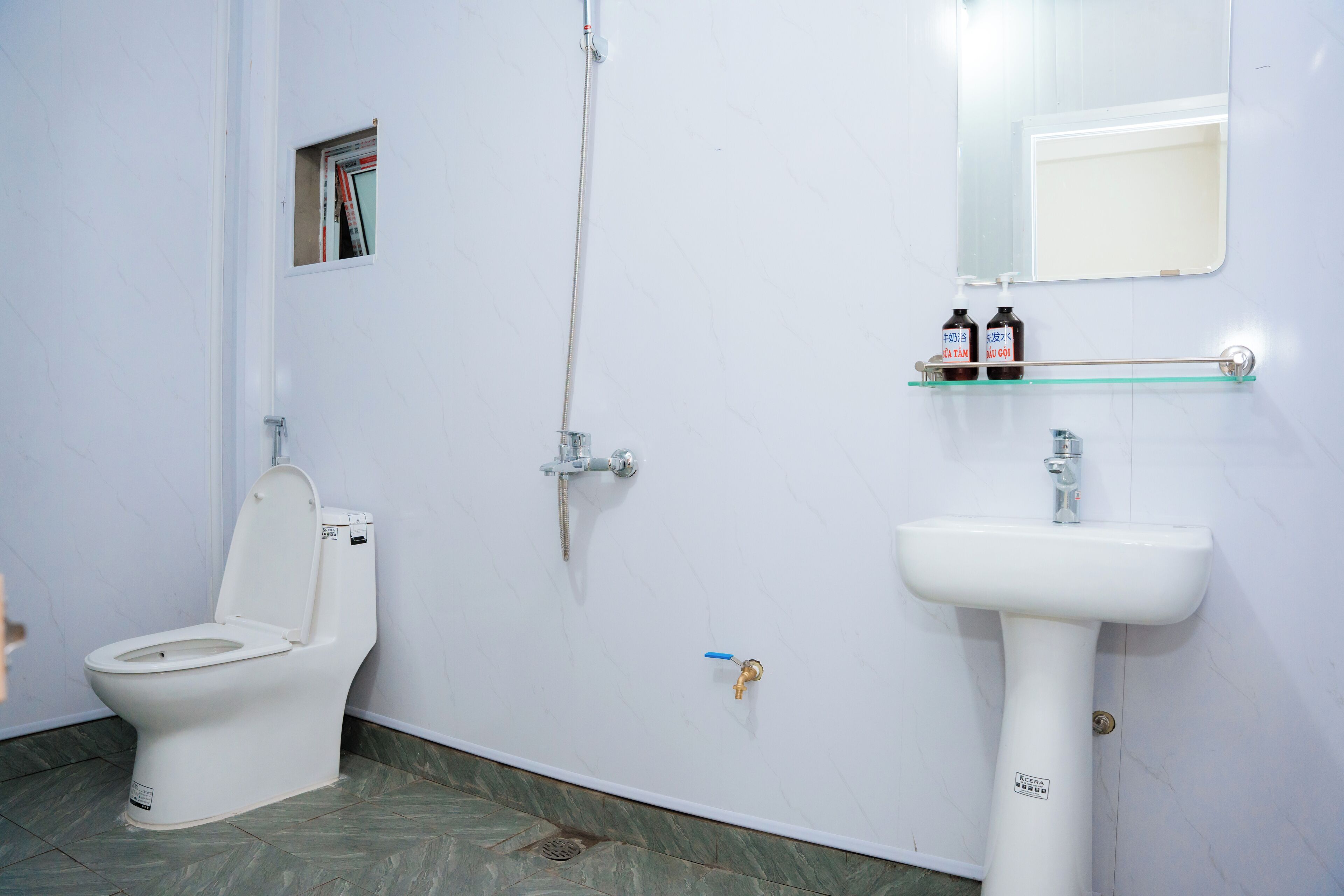 A bathroom with a toilet, a sink, a shower, and a small window.
