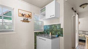 Una cocina compacta con fregadero, armarios y salpicadero.