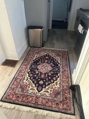 Ein Flur mit einem gemusterten Teppich, einem Mülleimer und einer Küchenzeile mit Schränken und einem Spülbecken.
